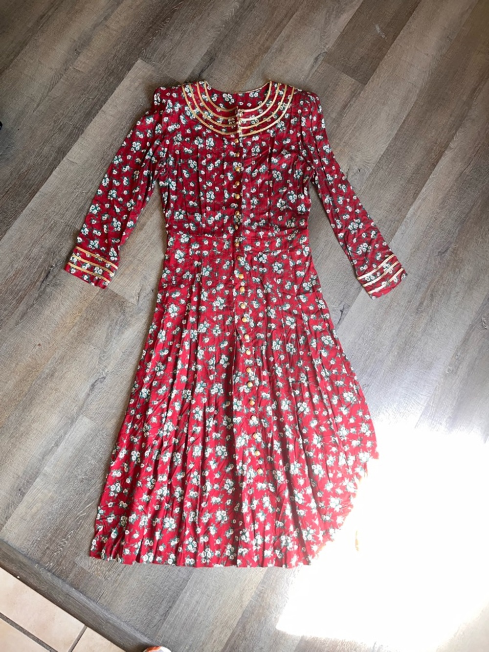 Vintage prairie cottage core dress women’s 12 floral red grunge gold accents